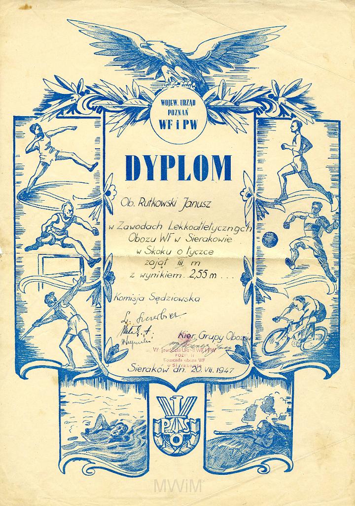 KKE 3236.jpg - Dyplom, Jana Rutkowskiego za III m. skok o tyczce, Sieraków, 1947 r.